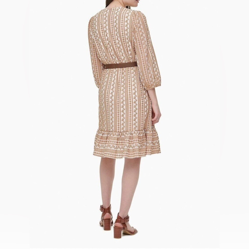 CALVIN KLEIN Lace V-Neck 3/4 Sleeve Belted Ruffle Dress Faux Wrap